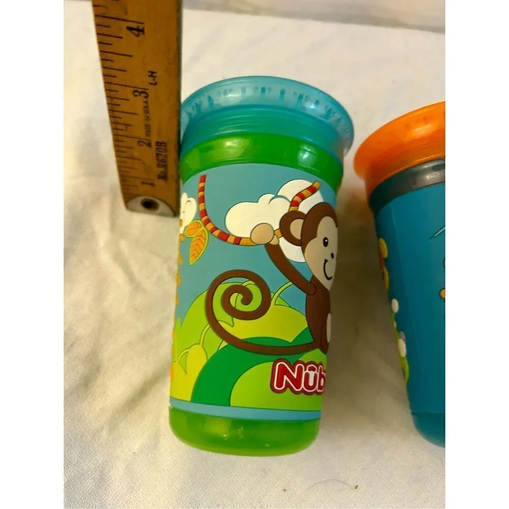 2 Nuby sippy cups Monkey & Sea‎ Creature Blue Orange lot 2016
